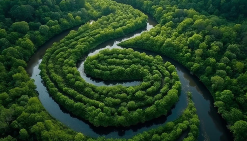Green trees and blue pond reflect sunlight generated by artificial intelligence